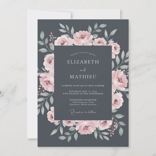 Charcoal Grey Charming Rose Wedding Invitation (Front)