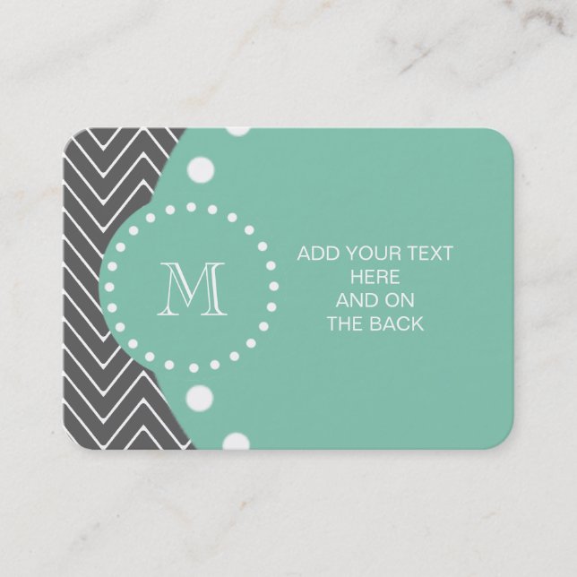 Charcoal Grey Chevron Pattern | Mint Green Monogra Business Card (Front)
