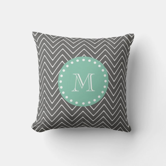 Charcoal Grey Chevron Pattern | Mint Green Monogra Cushion (Front)
