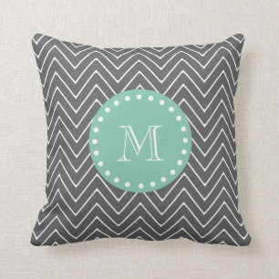 Charcoal Grey Chevron Pattern Mint Green Monogra Cushion