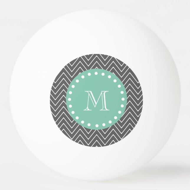 Charcoal Grey Chevron Pattern  Mint Green Monogram Ping Pong Ball (Front)