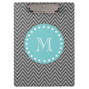 Charcoal Grey Chevron Pattern Teal Monogram Clipboard
