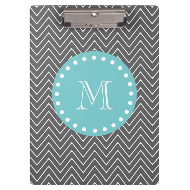 Charcoal Grey Chevron Pattern | Teal Monogram Clipboard (Front)