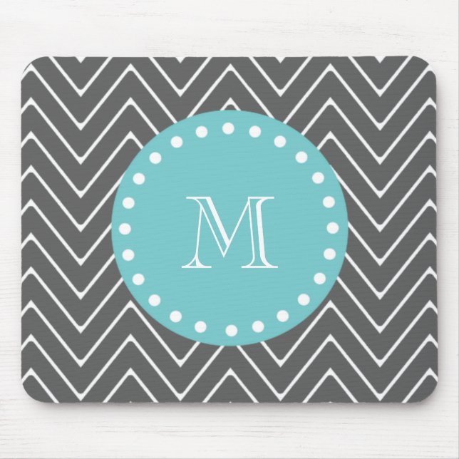 Charcoal Grey Chevron Pattern | Teal Monogram Mouse Pad (Front)