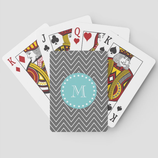 Charcoal Grey Chevron Pattern | Teal Monogram Playing Cards (Back)