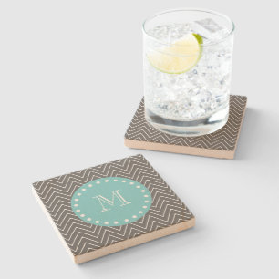 Charcoal Grey Chevron Pattern Teal Monogram Stone Coaster