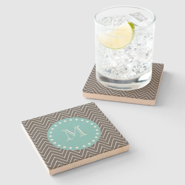 Charcoal Grey Chevron Pattern | Teal Monogram Stone Coaster (Side)