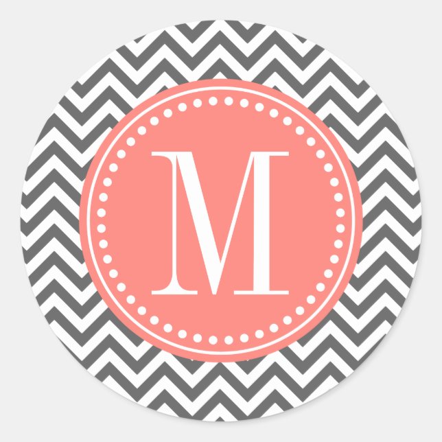 Charcoal Grey Chevron Zigzag Personalised Monogram Classic Round Sticker (Front)