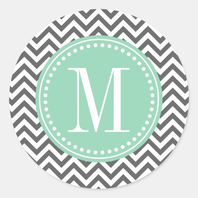 Charcoal Grey Chevron Zigzag Personalised Monogram Classic Round Sticker (Front)