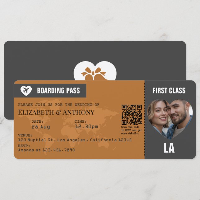 Charcoal Grey & Copper Boarding Pass Wedding Invitation (Front/Back)