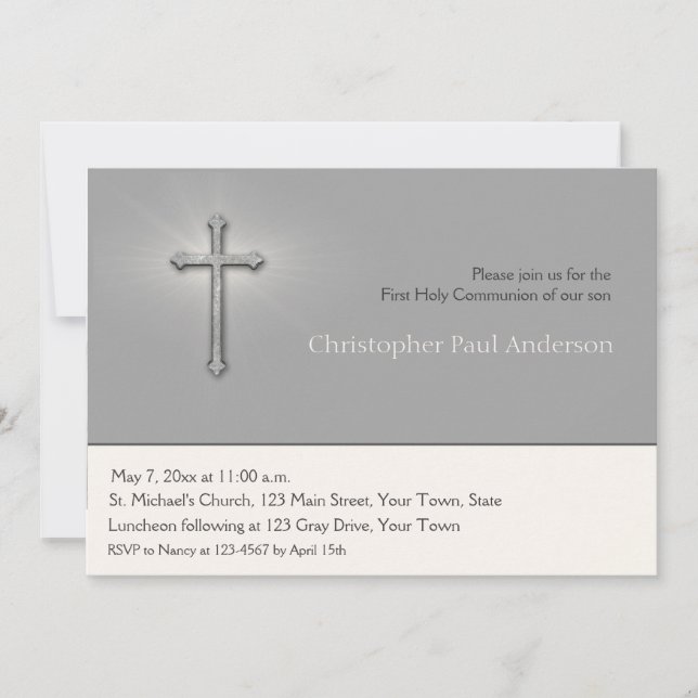 Charcoal Grey, Cross, Religious Invitation (Front)