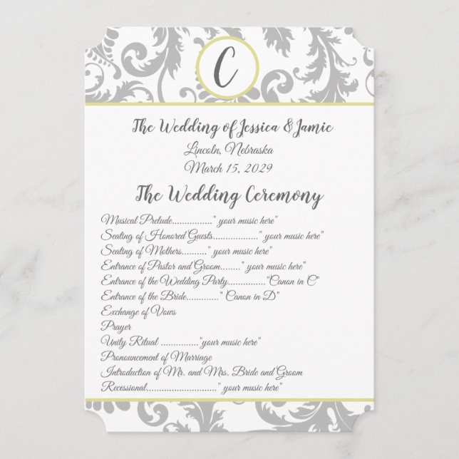 Charcoal Grey Damask Yellow Trim Wedding Program (Front)