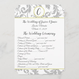 Charcoal Grey Damask Yellow Trim Wedding Program