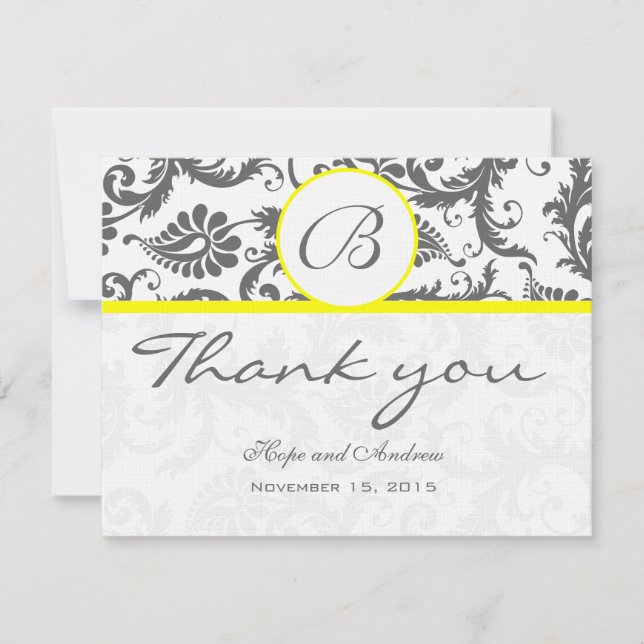 Charcoal Grey Damask Yellow Wedding Thank You Card (Front)