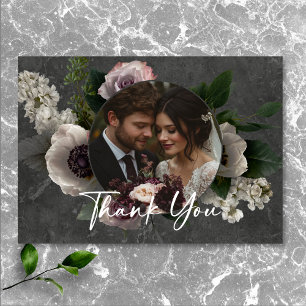 Charcoal Grey Elegant Floral Modern Wedding Photo Thank You Card