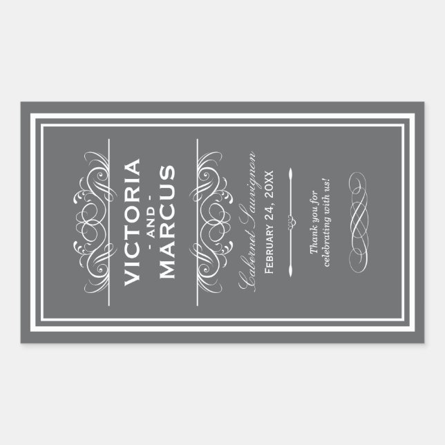 Charcoal Grey Elegant Wedding Monogram Wine Bottle Rectangular Sticker (Front)