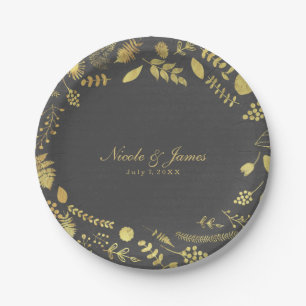 Charcoal Grey & Faux Gold Floral Wedding Plates