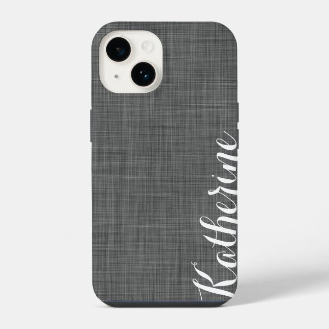 Charcoal Grey Faux Linen Texture Custom Monogram iPhone Case (Back)