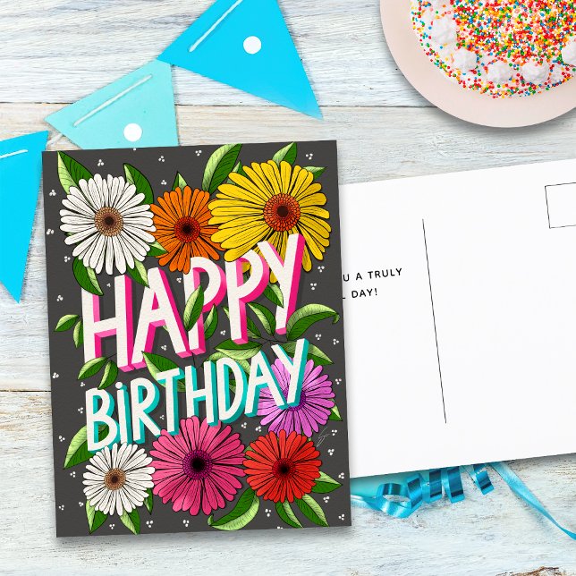 Charcoal Grey Floral Personalised Happy Birthday Postcard (Creator Uploaded)