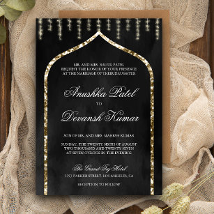 Charcoal Grey Gold Ethnic Indian Arch Wedding Invitation