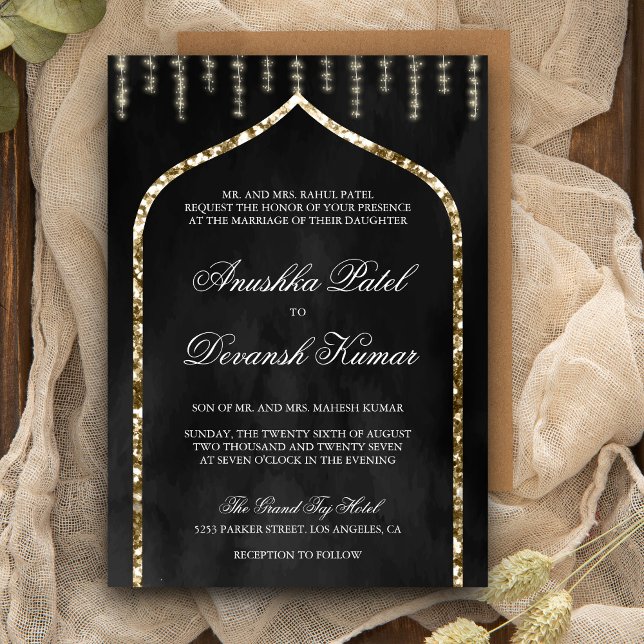 Charcoal Grey Gold Ethnic Indian Arch Wedding Invitation (Creator Uploaded)