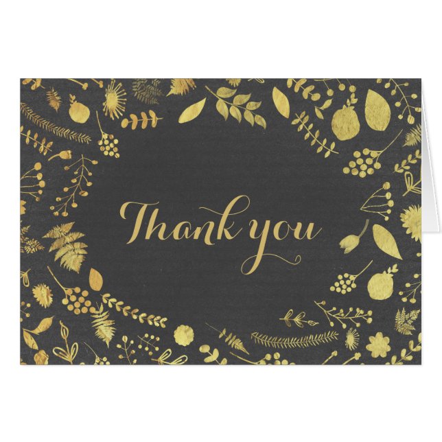 Charcoal Grey & Gold Floral Wedding Thank You (Front Horizontal)