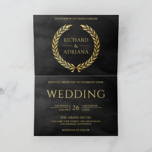 Charcoal Grey Gold Laurel Minimal QR Code Wedding Invitation
