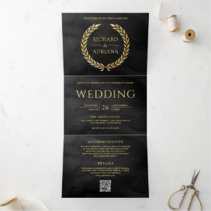 Charcoal Grey Gold Laurel Minimal QR Code Wedding Tri-Fold Invitation
