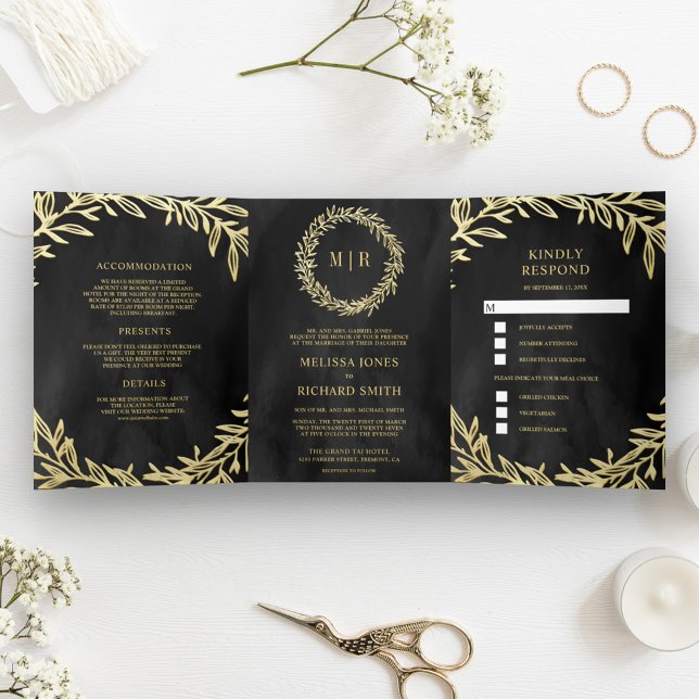 Charcoal Grey Gold Leaf Branch All in One Wedding Tri-Fold Invitation (Creator Uploaded)