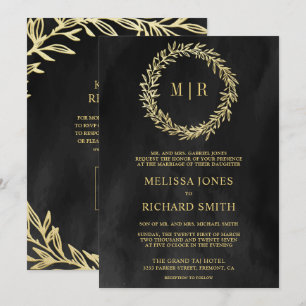 Charcoal Grey Gold Leaf Branch QR Code Wedding Invitation