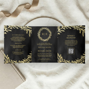 Charcoal Grey Gold Leaf Branch QR Code Wedding Tri-Fold Invitation