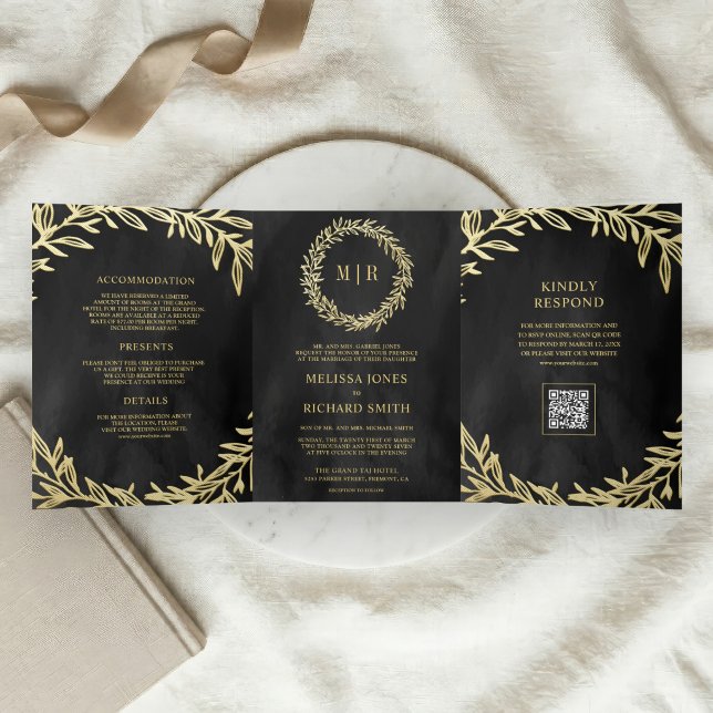 Charcoal Grey Gold Leaf Branch QR Code Wedding Tri-Fold Invitation (Creator Uploaded)