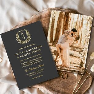 Charcoal Grey Gold Leafy Crest Photo Wedding