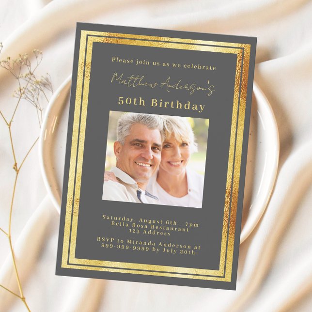 Charcoal grey gold photo birthday invitation (Creator Uploaded)