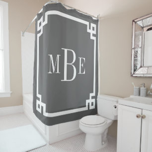Charcoal Grey Greek Key Border Monogram Shower Curtain