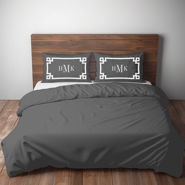 Charcoal Grey Greek Key Monogram Pair of Standard Pillowcase (Creator Uploaded)