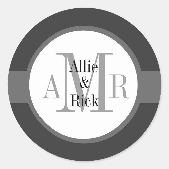 Charcoal Grey Grey Monograms Names Wedding Classic Round Sticker (Front)