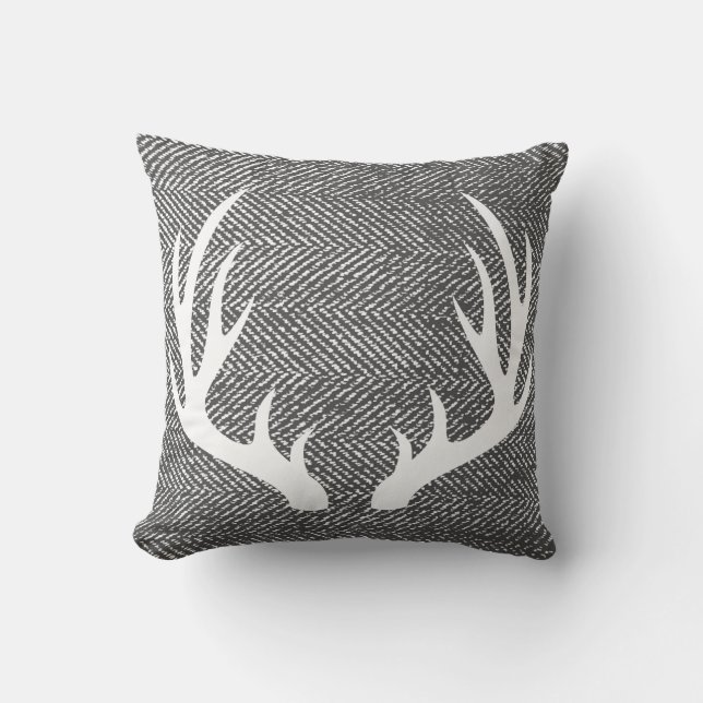 Charcoal Grey Herringbone & White Deer Antlers Cushion (Front)