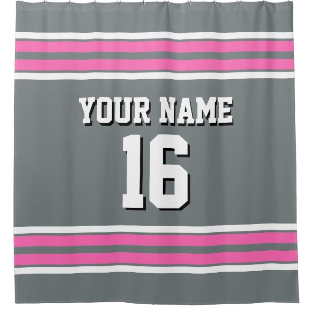 Charcoal Grey Hot Pink White Stripes Sports Jersey Shower Curtain (Front)