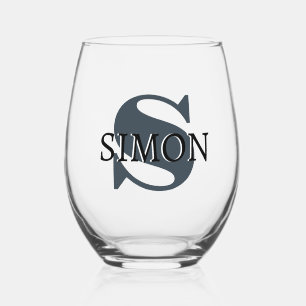 Charcoal Grey Initial and Black Name Modern Stemless Wine Glass