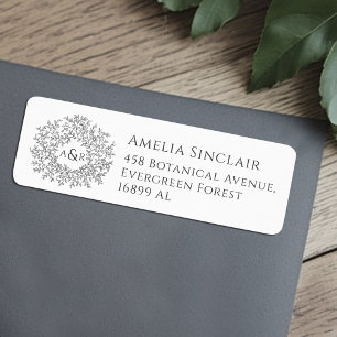 Charcoal grey leaves wedding return address label