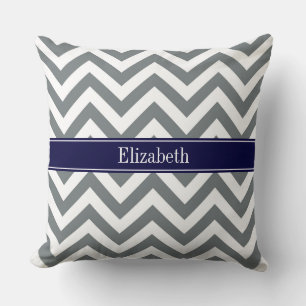 Charcoal Grey Lg Chevron Navy Blue Name Monogram Cushion