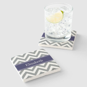 Charcoal Grey Lg Chevron Navy Blue Name Monogram Stone Coaster