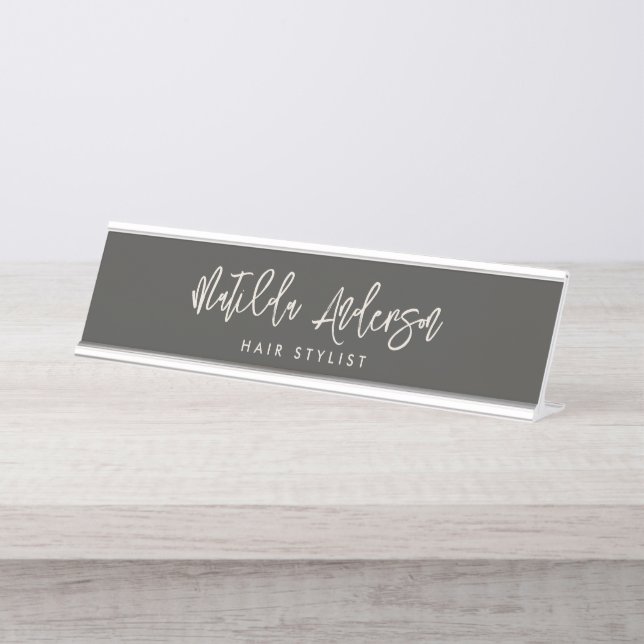 Charcoal grey modern minimal elegant script  desk name plate (Front)