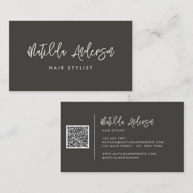 Charcoal grey modern minimal script QR CODE Business Card (Front/Back)