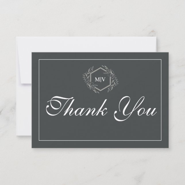 Charcoal Grey Monogram Crest Thank You Card (Front)