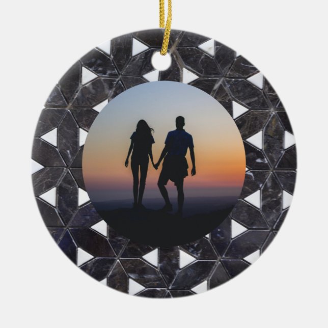 Charcoal Grey Mosaic |  flower of life pattern Ceramic Ornament (Front)