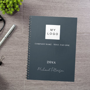 Charcoal grey name script business logo notebook