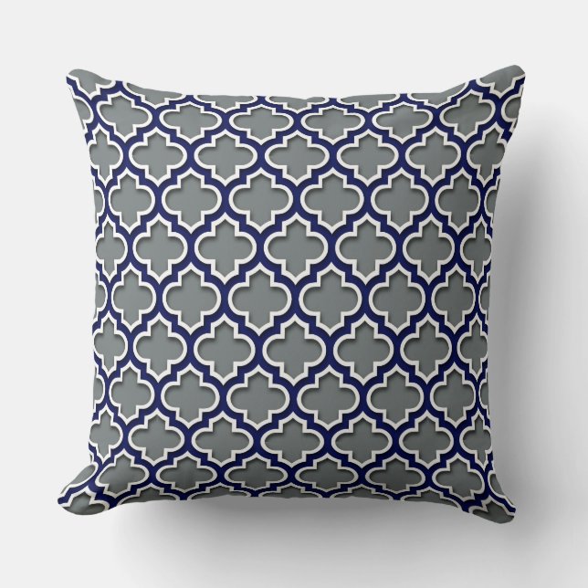 Charcoal Grey Navy White Moroccan Quatrefoil #5DS Cushion (Front)