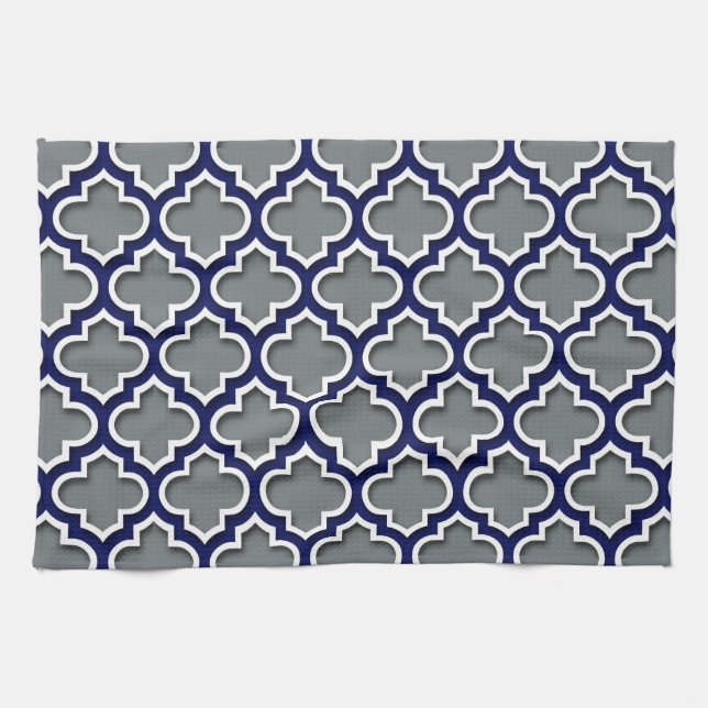 Charcoal Grey Navy White Moroccan Quatrefoil #5DS Tea Towel (Horizontal)